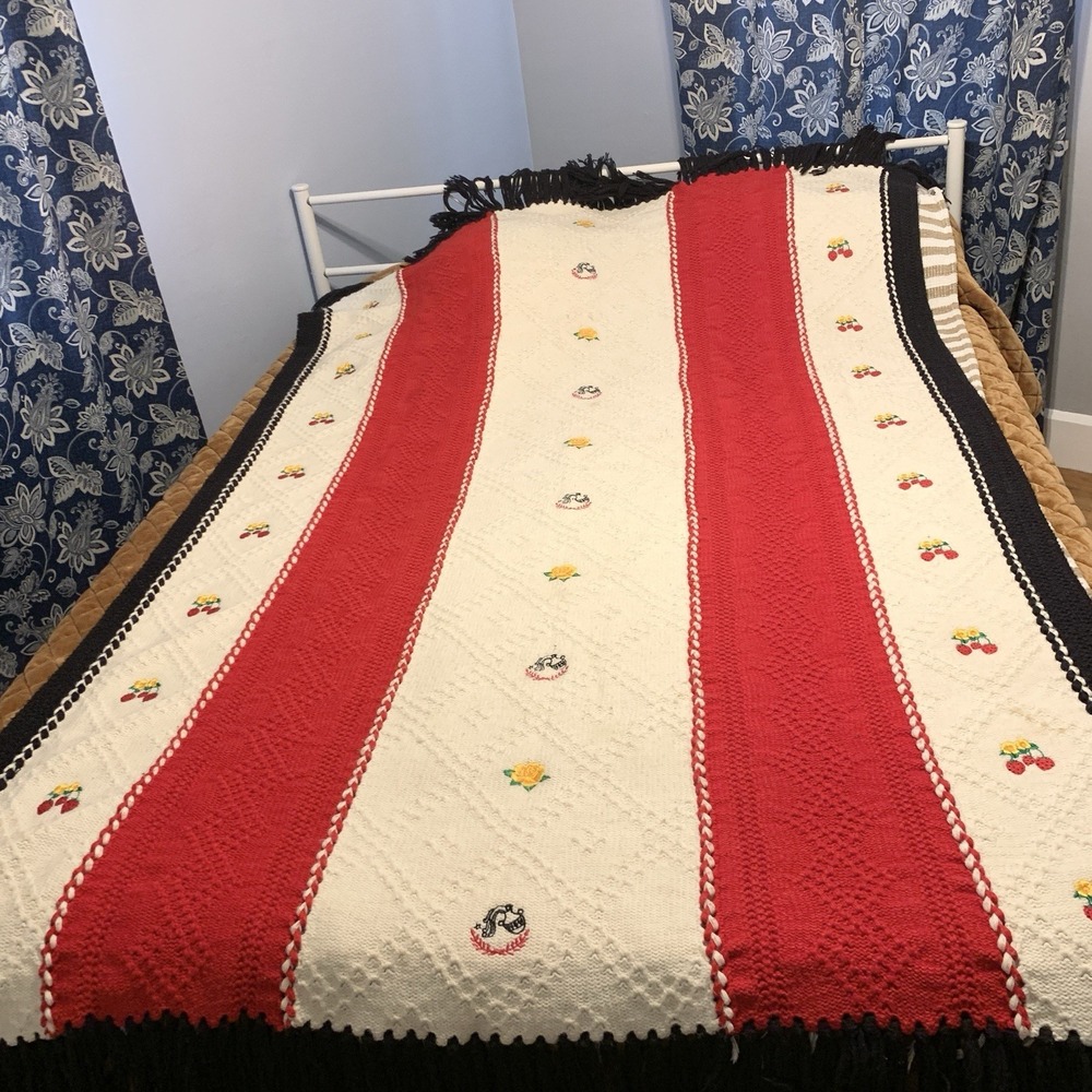 Vintage Hand Made Blanket Throw Afghan Red White Black Knit Wool Embroidery